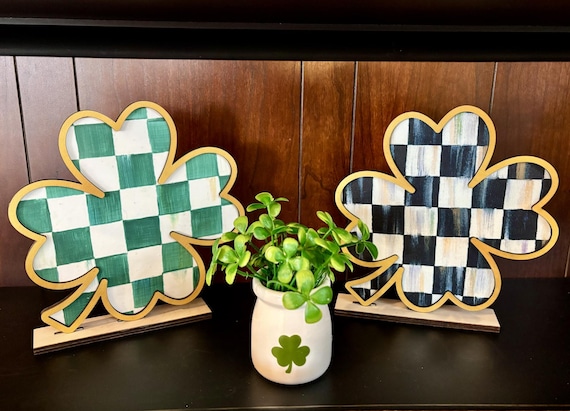 Courtly Check inspired Wood Shamrock, Clover - Green and White, Courtly Check Inspired Wood St Patrick's Day Decor, checkered, tiered tray