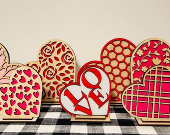 Valentine’s Day Decorations - Standing Wood Hearts for Tiered Tray or Shelf, XOXO