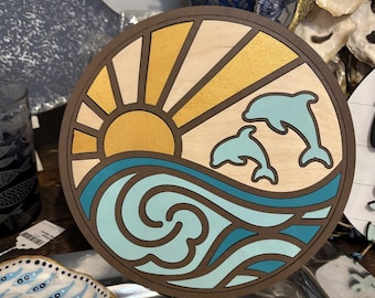 Mother’s Day,  Wooden Dolphin Wave Sunrise Decor, Coastal Beach Shelf Art