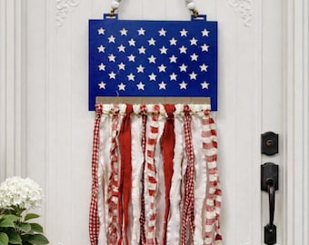 American Flag Door Hanger, USA, 250, Patriotic, 4th of July, Memorial Day, Ribbon Flag, Rag Flag,