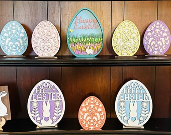 Laser Cut Wood Easter Egg Decor, Spring Tiered Tray Sitter