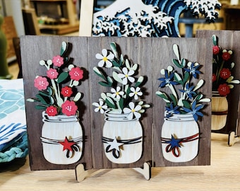 Patriotic Mason Jar Flowers Plaque: Laser Cut Wood Americana Decor, USA