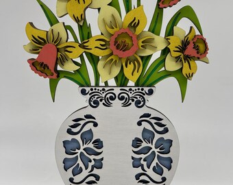 Mother’s Day, 3D Wood Daffodil Vase, Spring Floral Decor, Laser Cut Daffodils, Flowers