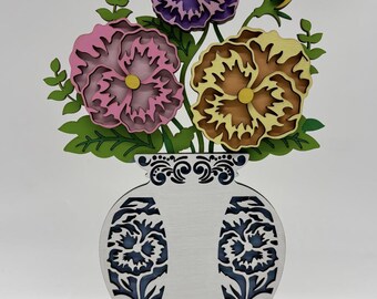 3D Wood Pansy Flowers in Vase, Spring Mantle Decor.Mother's Day gift, Shelf sitter