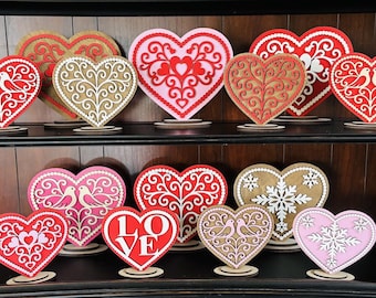 Valentine’s Day Hearts, Winter Decor, Standing Wood Hearts, gingerbread style, scroll, Scandinavian