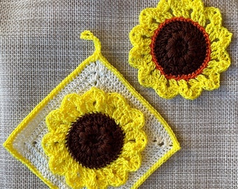 May include: Two crocheted sunflower dishcloths, one is a square with a white background and the other is a round shape with a yellow background.