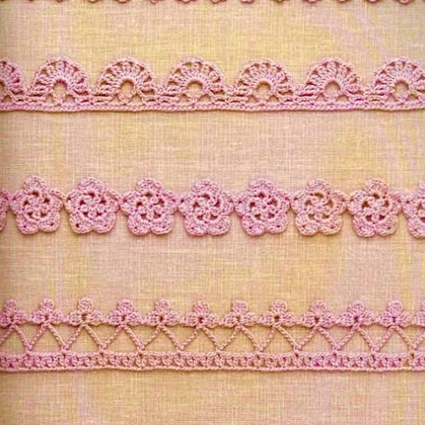 Lace edging CROCHET PATTERN, crochet lace border 5 motifs, crochet accessories, decor for clothes, bags, hats, tablecloth, bedclothes