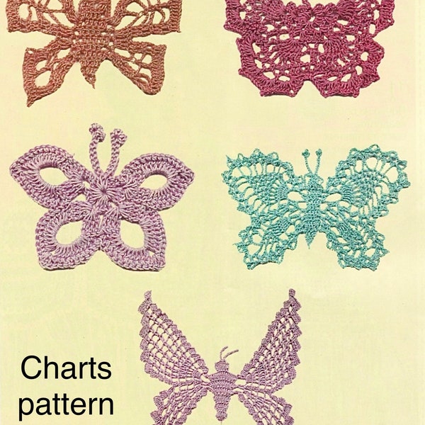 Crochet Butterfly Pattern 5 models Crochet Appliqué Crochet Accessories ONLY CHARTS