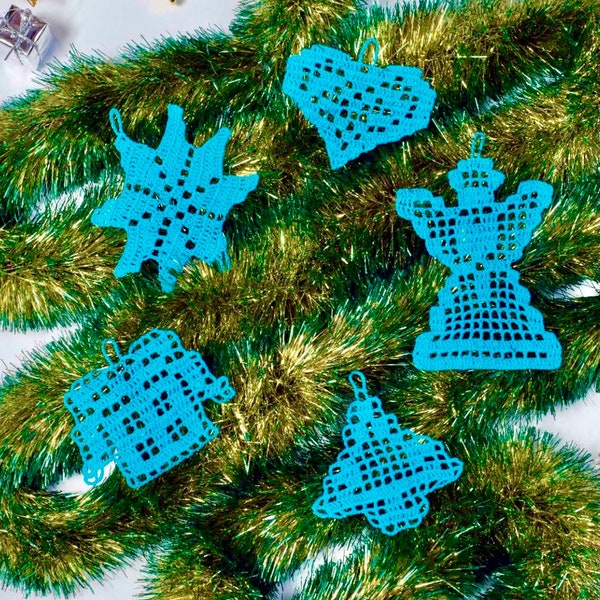 Crochet Christmas ornament pattern 5 chart filet pattern Christmas tree decoration, crochet accessories, filet pattern diagrams