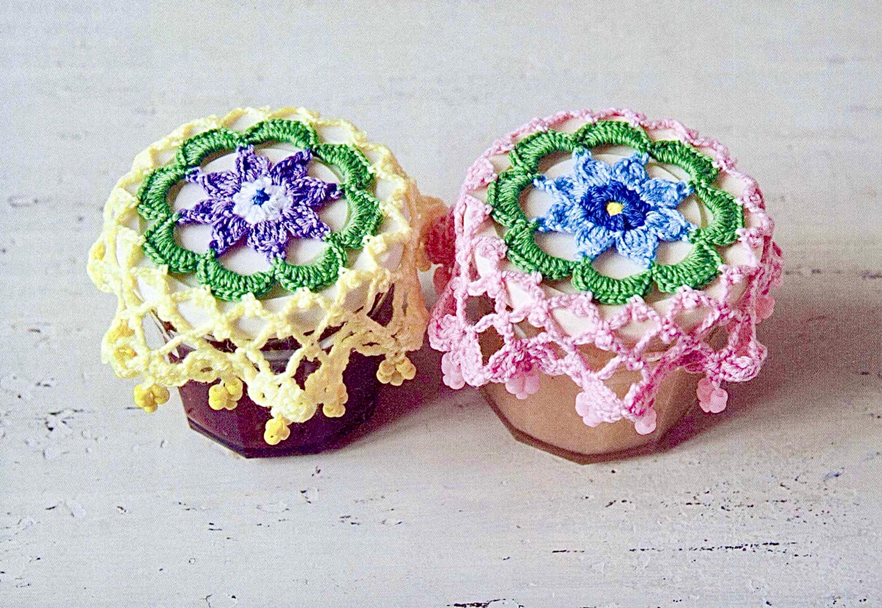 Crochet Doily Pattern Bead Jug Cover, crochet can cover, crochet table accessories, crochet floral doily