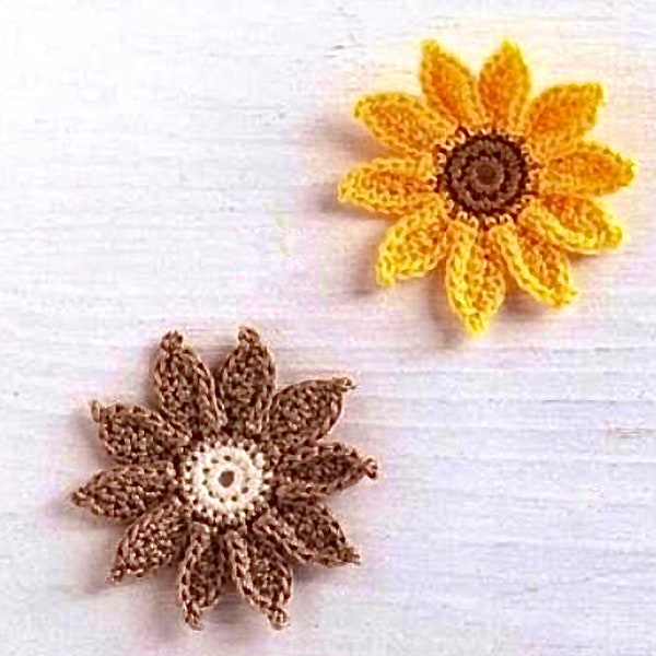 Crochet daisy flower pattern, crochet sunflower, crochet appliqués, floral accessories, basic pattern, easy crochet. Beginner level