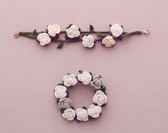 Patrón de joyería de rosa de crochet: Pulsera y broche (patrón PDF)