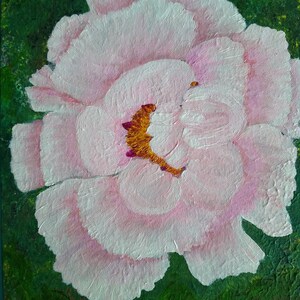 May include: A close-up of a large, pink peony flower with a textured, painted surface. The flower is in focus, while the green background is blurred.