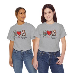 American Bully Peace Love Unisex Tee Shirt for Adults, Graphic Tshirt, Patriotic Dog Owner Clothing, Gift for Bully Breed Lovers, Red White