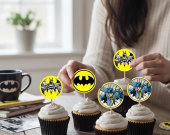 Adornos personalizados de superhéroes para cupcakes: decoraciones para fiestas (digitales)