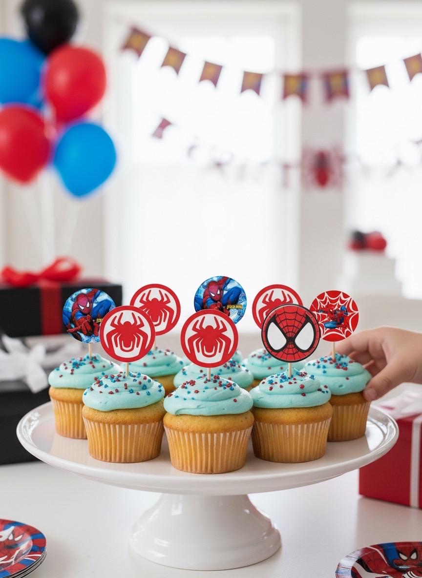 Set Decorazioni Per Torta Supereroe Ragno, 28 Pezzi, Con Topper, Ragnatele, Palline E Inserto Città, Per Compleanno A Tema