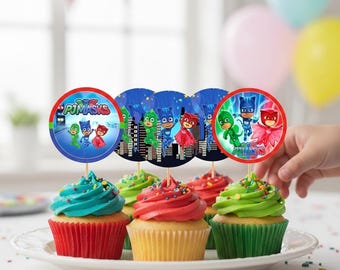 Masked Rescue Heroes Cupcake Toppers, Födelsedagsfestdekor, Röd Grön Blå (Digital Nedladdning)