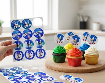 Adorno para cupcakes de Sonic, descarga digital imprimible para decoración de fiestas.