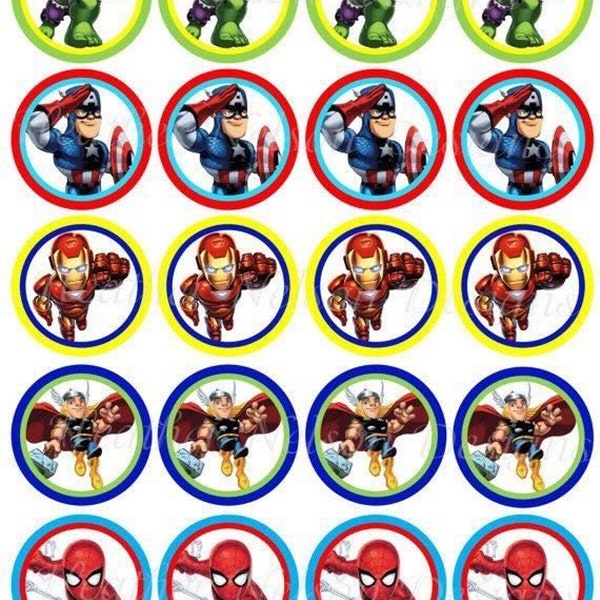 Custom Super Hero Cupcake Toppers l Kids Superhero Cup cake Toppers | Kids Superhero Round Sticker template | Superhero SVG