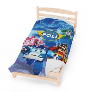 Robocar Poli Plüschdecke, Velveteen Plus Throw, Kinder Cartoon Graphic Bettwäsche