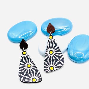 black, white, yellow, teardrop floral wood earrings, lightweight, hypoallergenic, drop and dangle, boho earrings, jewelry