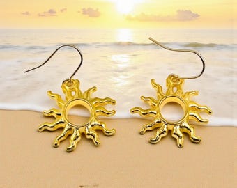 Pendientes colgantes de sol dorados, joyería celestial hipoalergénica