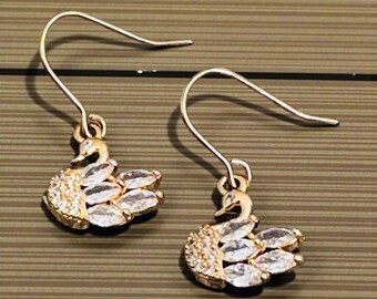 gold swan earrings, hypoallergenic hooks, lightweight,  earrings for women, wedding earrings