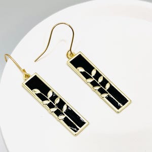 rectangle gold earrings, leaf earrings, black drop and dangle earrings, earrings for women, gift for her, jewelry, accessories