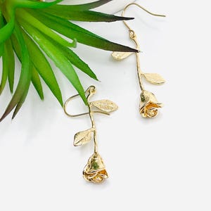 Rose drop and dangle gold earrings, floral earrings, earrings for women, gift for her, jewelry, accessories, long earrings