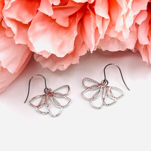 silver earrings, flower earrings, drop and dangle, floral, simple earrings, everyday earrings, jewelry, boho, hippie, earrings for girls