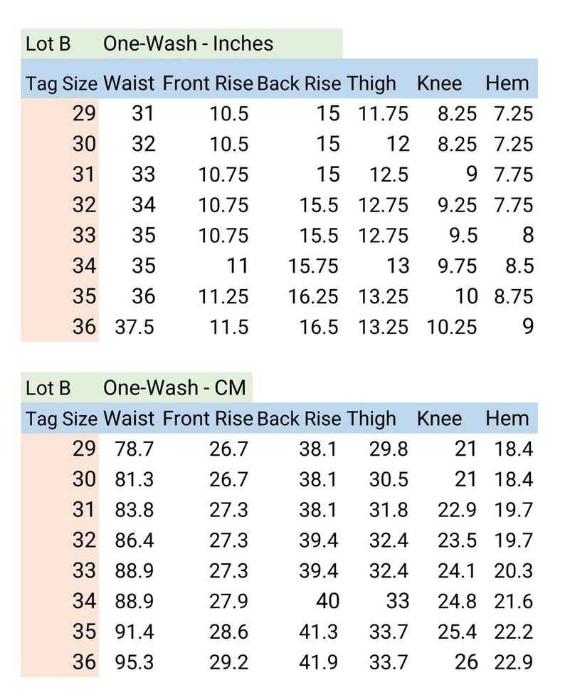May include: Detailed size chart for jeans, showing measurements in inches. Includes waist, front rise, back rise, thigh, knee, and hem measurements for sizes 29 to 36. Measurements are provided for one-wash jeans.
