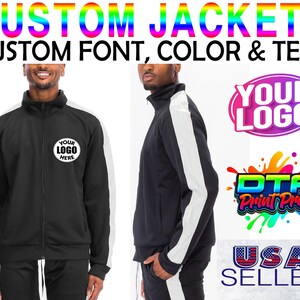 May include: Black track jacket with white side stripes and a white collar. The jacket has a custom logo area and the text "CUSTOM JACKETS, CUSTOM FONT, COLOR & TEXT" in rainbow colors.
