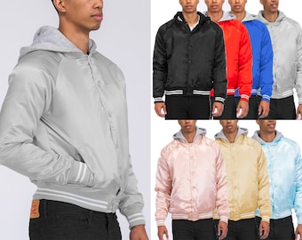Unisex Mens Womens Hooded Satin Varsity Windbreaker Jacket