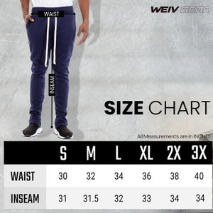 May include: Navy blue sweatpants with a white drawstring, displayed with a size chart. The chart shows waist sizes from 30 to 40 inches and inseam lengths from 31 to 34 inches. The brand name "WEIV GEAR" is visible.
