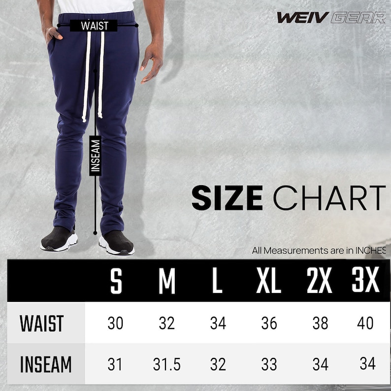 May include: Navy blue sweatpants with a white drawstring, displayed with a size chart. The chart shows waist sizes from 30 to 40 inches and inseam lengths from 31 to 34 inches. The brand name "WEIV GEAR" is visible.