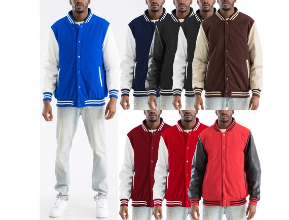 Mens Solid Classic Melton Letterman Sports Faux Leather Varsity