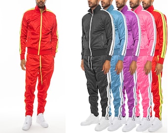 Mens Front Pleat Striped Tape Solid Body Full Zip Track Jacket and Pant Track Suit Set