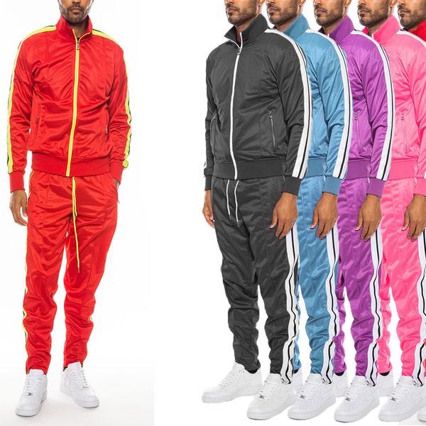 Mens Front Pleat Striped Tape Solid Body Full Zip Track Jacket and Pant Track Suit Set