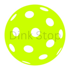 May include: A bright yellow pickleball with white holes. The ball is a common item used in the sport of pickleball.