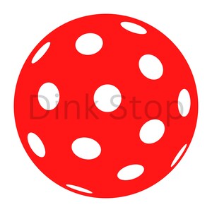 May include: A red, round, plastic ball with white polka dots. The ball is a common type of ball used for playing pickleball.