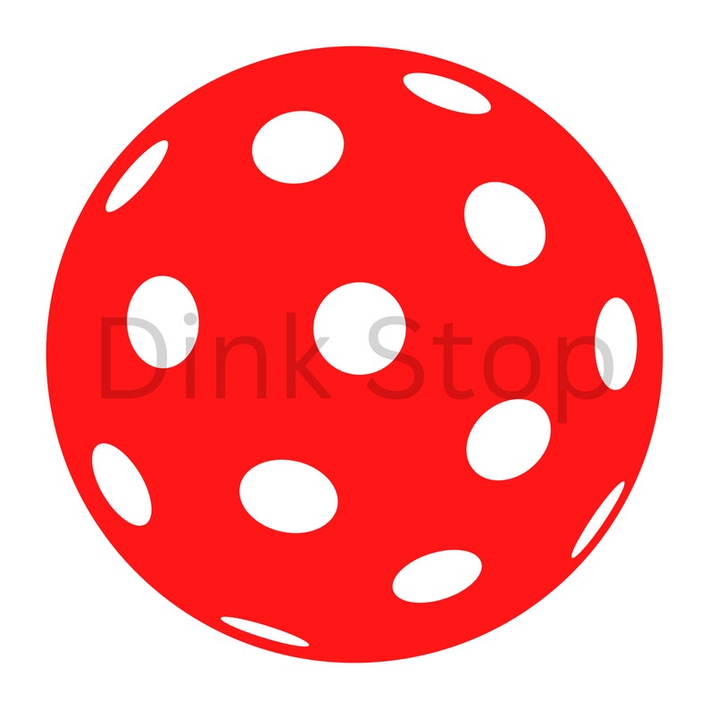 May include: A red, round, plastic ball with white polka dots. The ball is a common type of ball used for playing pickleball.