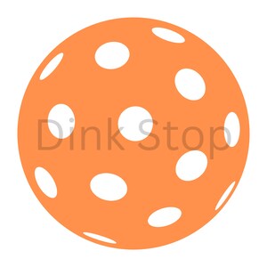May include: An orange pickleball with white holes. The ball is a standard size for pickleball.