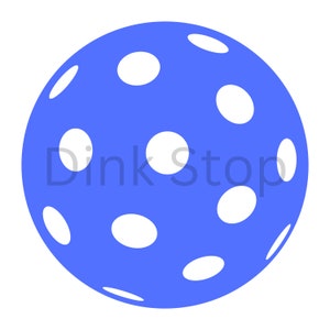 May include: A blue plastic ball with white holes. The ball is used for playing pickleball.