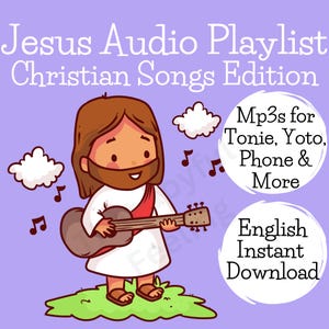 Könnte beinhalten: Cartoon-Illustration von Jesus, der Gitarre spielt, mit dem Text "Jesus Audio Playlist Christian Songs Edition". Das Bild enthält auch Text über MP3s und einen englischen Sofort-Download, vor einem lila Hintergrund.