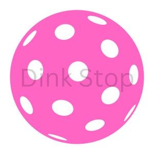 May include: A pink plastic pickleball with white dots. The ball is a standard size for pickleball.