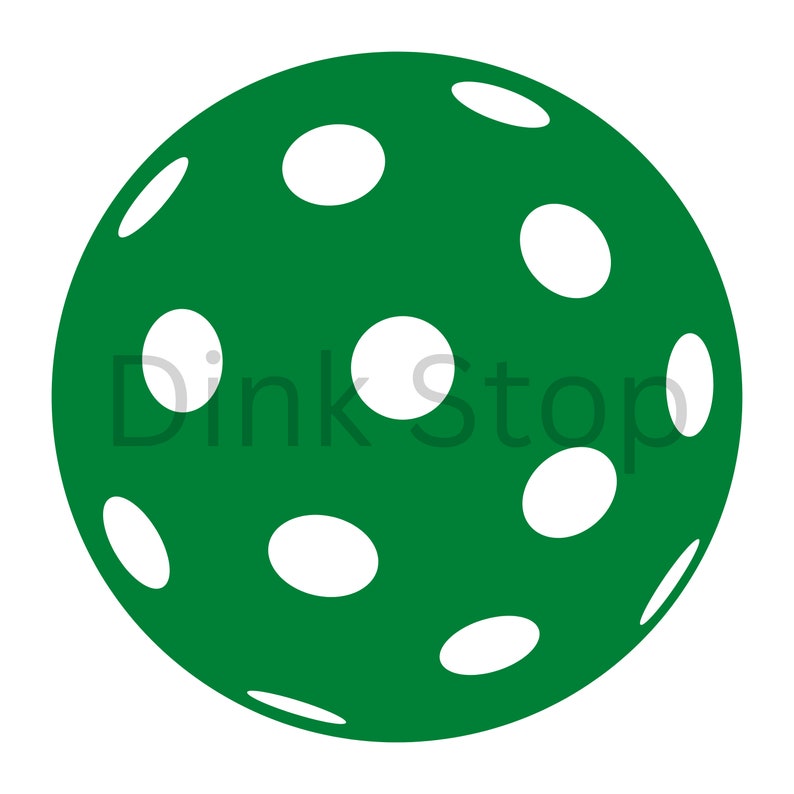 May include: A green, round, plastic ball with white holes. The ball is a standard size for pickleball.