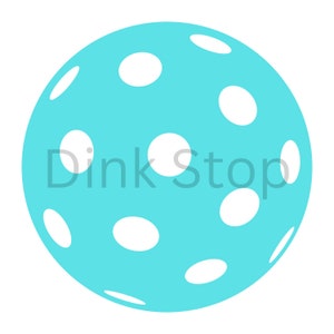 May include: A turquoise blue plastic ball with white circles. The ball is a wacker ball, used for playing a game similar to lacrosse.