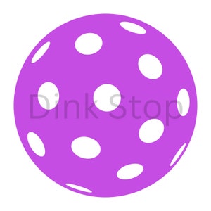 May include: A purple, round, plastic ball with white holes. The ball is a common type of ball used in the sport of pickleball.