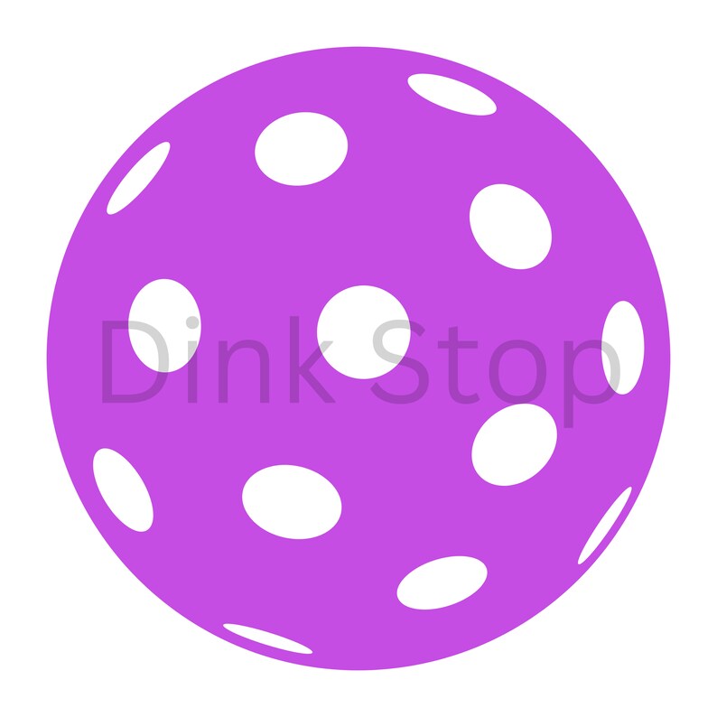 May include: A purple, round, plastic ball with white holes. The ball is a common type of ball used in the sport of pickleball.