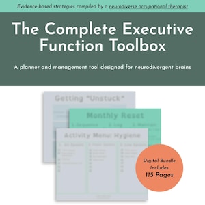 Könnte beinhalten: Ein digitales Planungs- und Management-Tool, das für neurodivergente Gehirne entwickelt wurde. Das Cover zeigt ein grünes und weißes Design mit dem Titel "The Complete Executive Function Toolbox" und dem Text "Getting "Unstuck", "Monthly Reset" und "Activity Menu: Hygiene". Das Cover enthält auch den Text "Digital Bundle Includes 115 Pages".